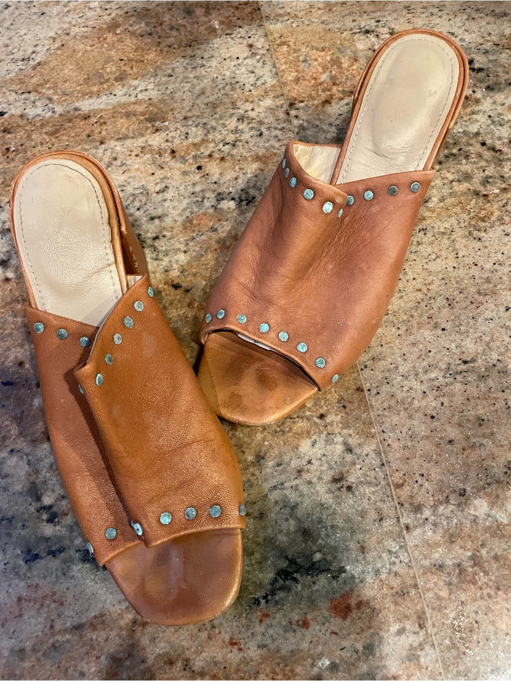 rebels Tan Leather Open-Toe Slide Mules with Turquoise Stud Accents